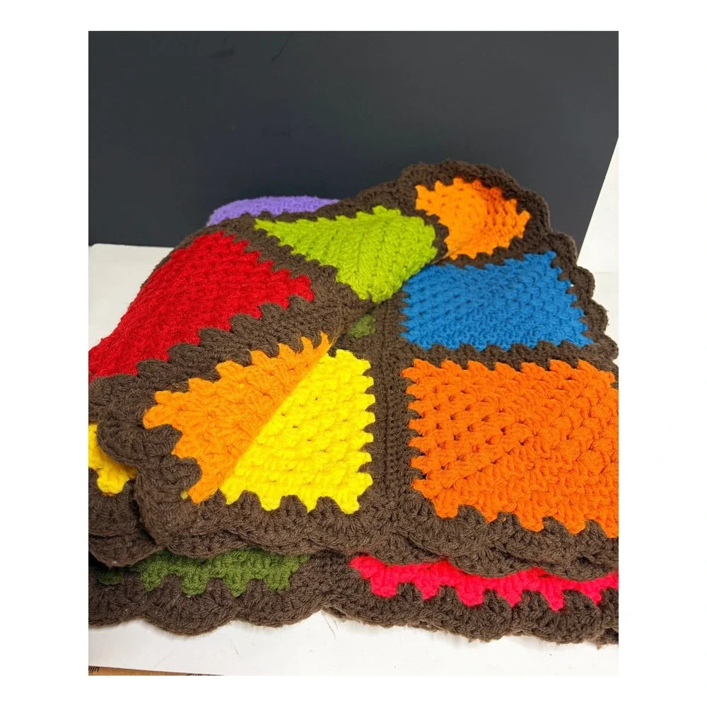 Handmade Crochet Granny Square Afghan Blanket Multicolor‎ Rainbow Retro Throw
